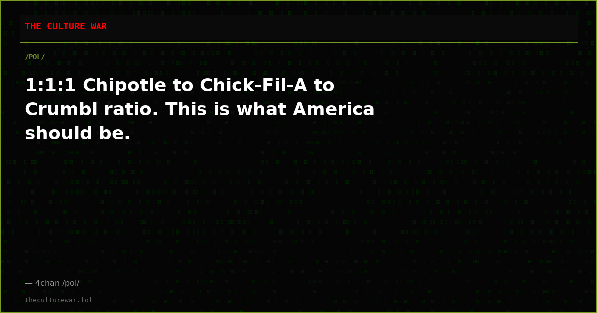 1:1:1 Chipotle to Chick-Fil-A to Crumbl ratio. This is what America should be.