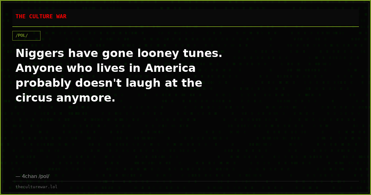 Niggers have gone looney tunes. Anyone who lives in America probably doesn't laugh at the circus anymore.