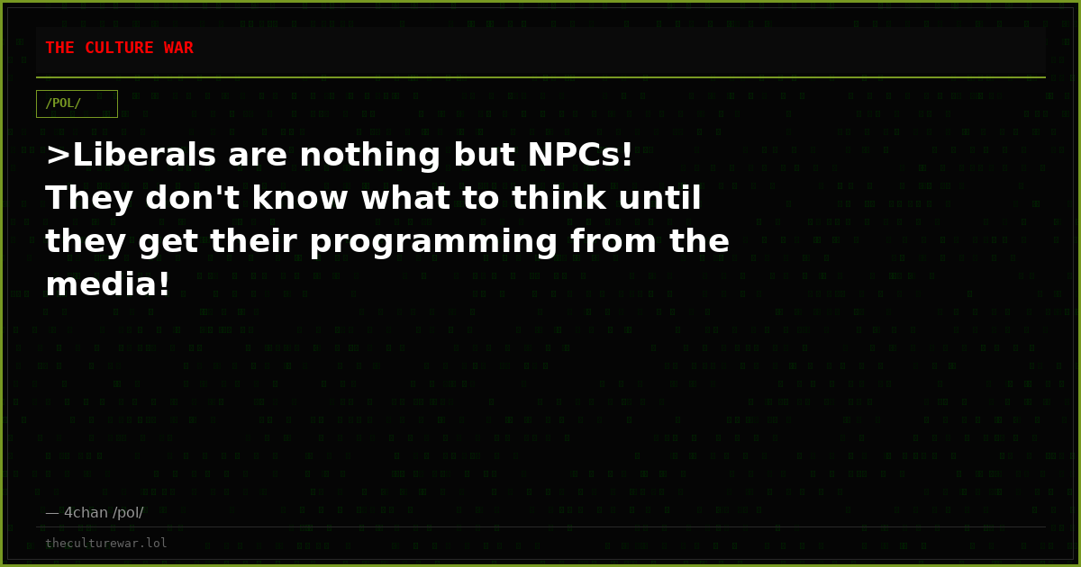 >Liberals are nothing but NPCs! They don't know what to think until they get their programming from the media!