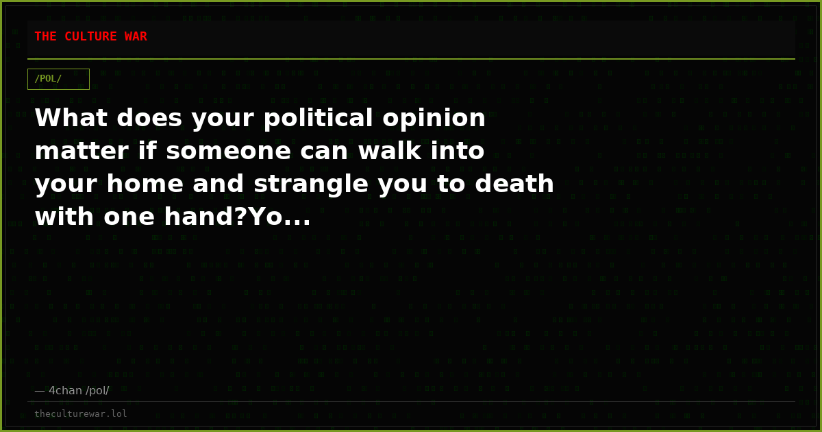 What does your political opinion matter if someone can walk into your home and strangle you to death with one hand?Yo...