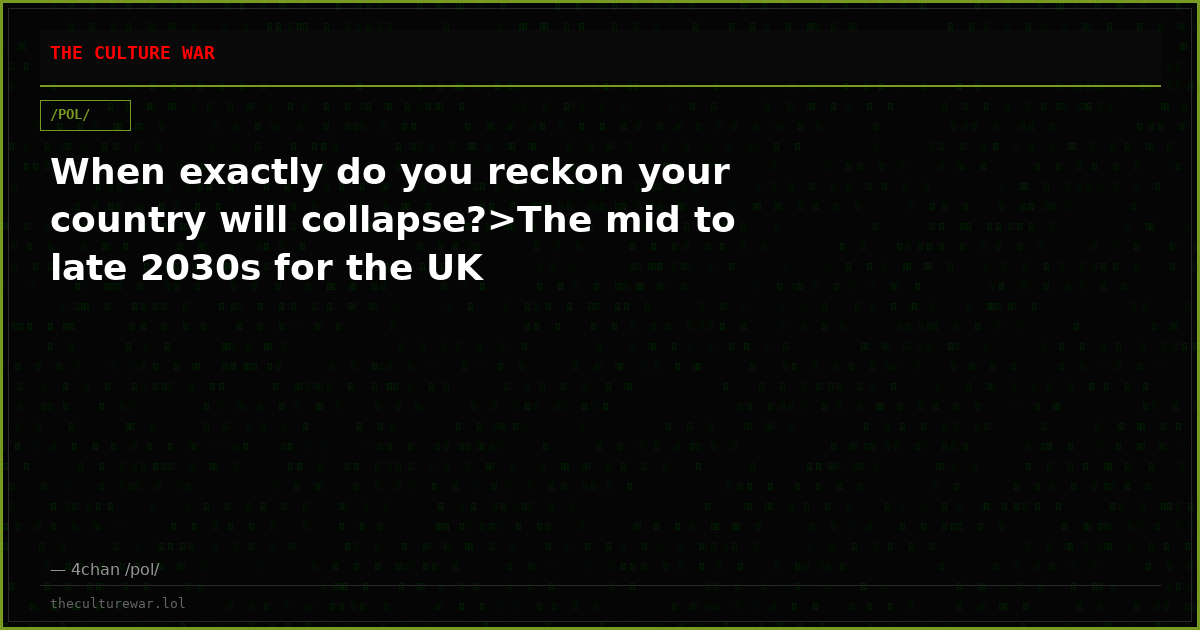 When exactly do you reckon your country will collapse?>The mid to late 2030s for the UK