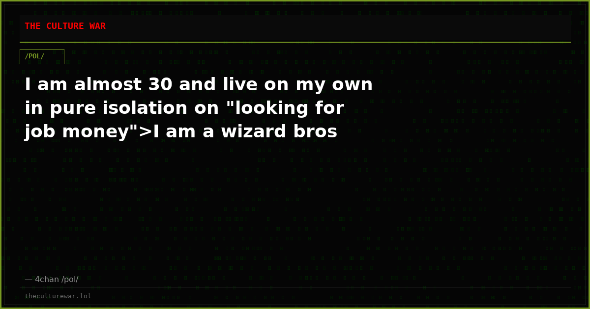 I am almost 30 and live on my own in pure isolation on "looking for job money">I am a wizard bros