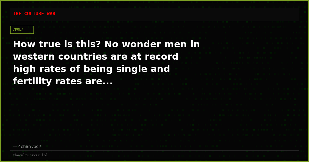 How true is this? No wonder men in western countries are at record high rates of being single and fertility rates are...