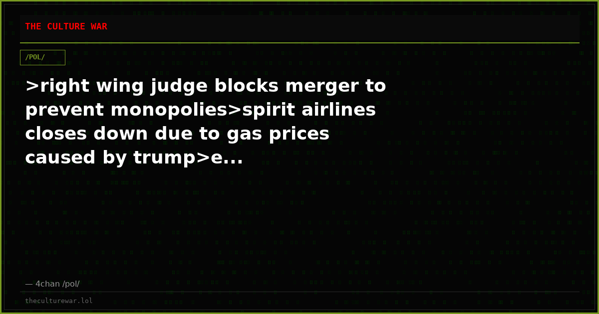 >right wing judge blocks merger to prevent monopolies>spirit airlines closes down due to gas prices caused by trump>e...