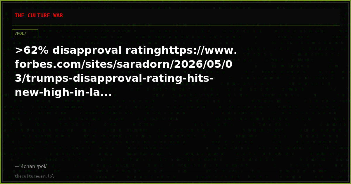 >62% disapproval ratinghttps://www.forbes.com/sites/saradorn/2026/05/03/trumps-disapproval-rating-hits-new-high-in-la...