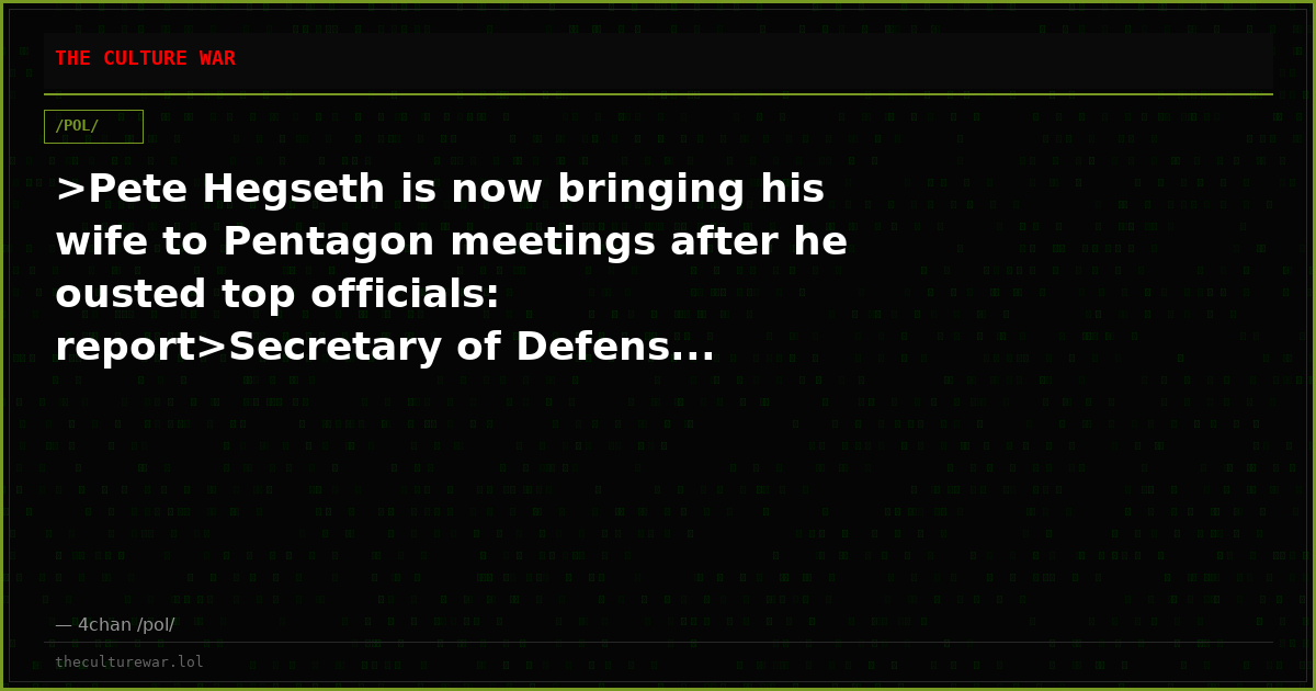 >Pete Hegseth is now bringing his wife to Pentagon meetings after he ousted top officials: report>Secretary of Defens...