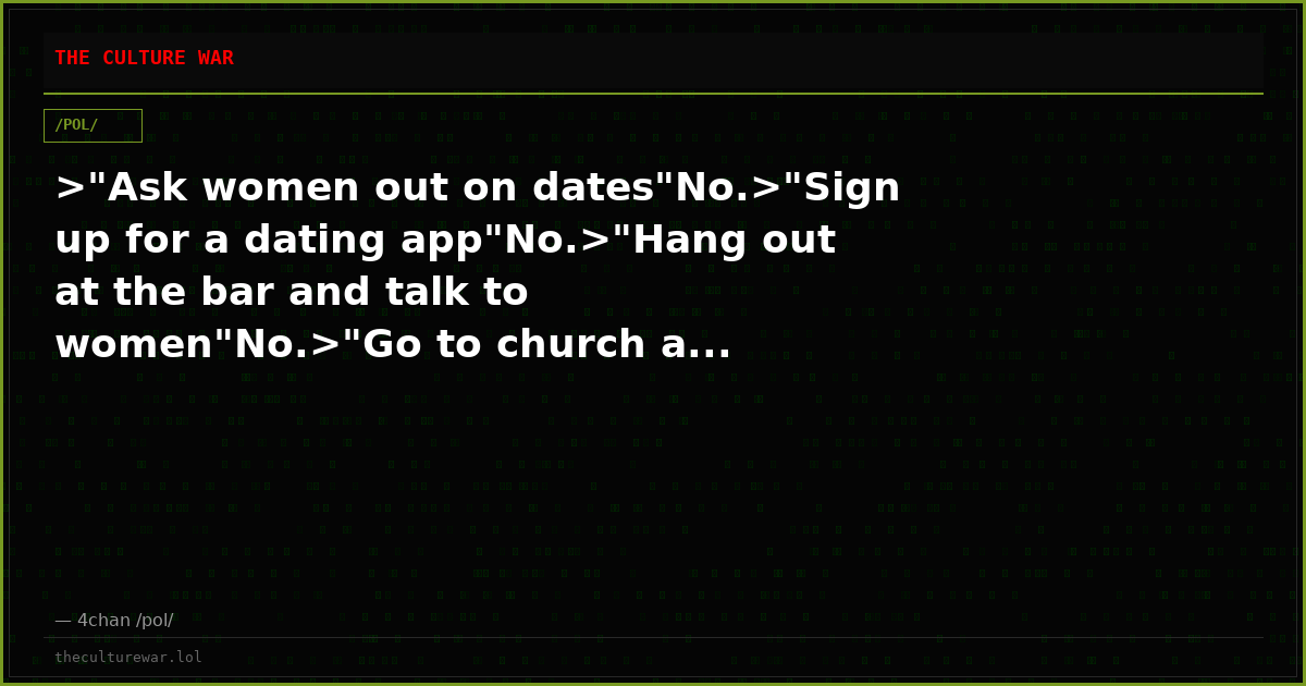 >"Ask women out on dates"No.>"Sign up for a dating app"No.>"Hang out at the bar and talk to women"No.>"Go to church a...
