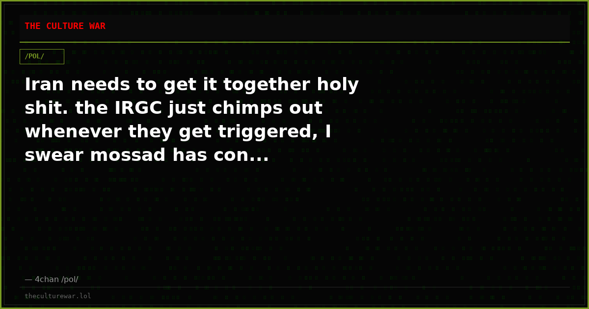 Iran needs to get it together holy shit. the IRGC just chimps out whenever they get triggered, I swear mossad has con...
