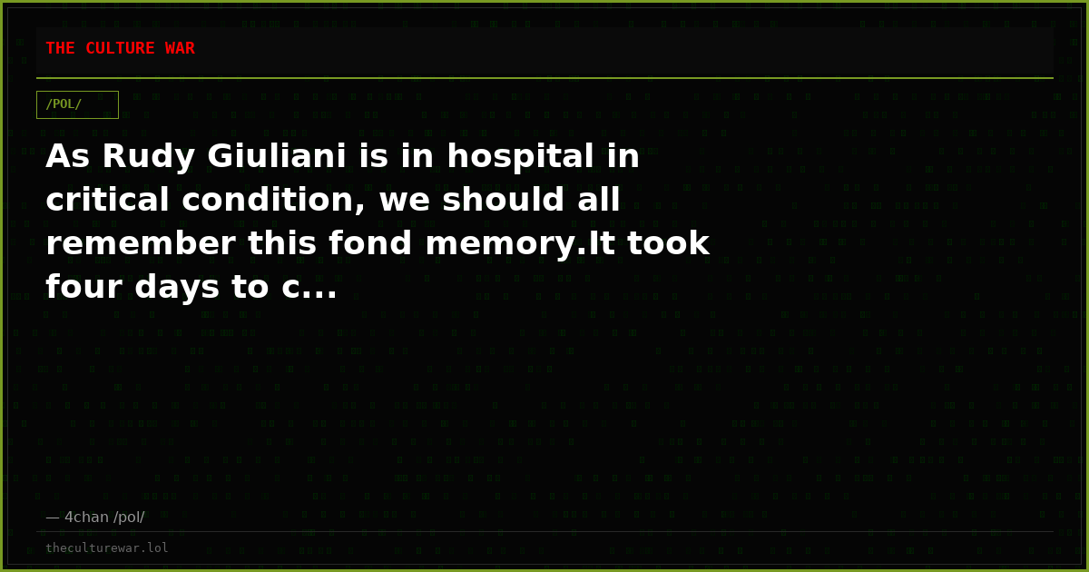 As Rudy Giuliani is in hospital in critical condition, we should all remember this fond memory.It took four days to c...