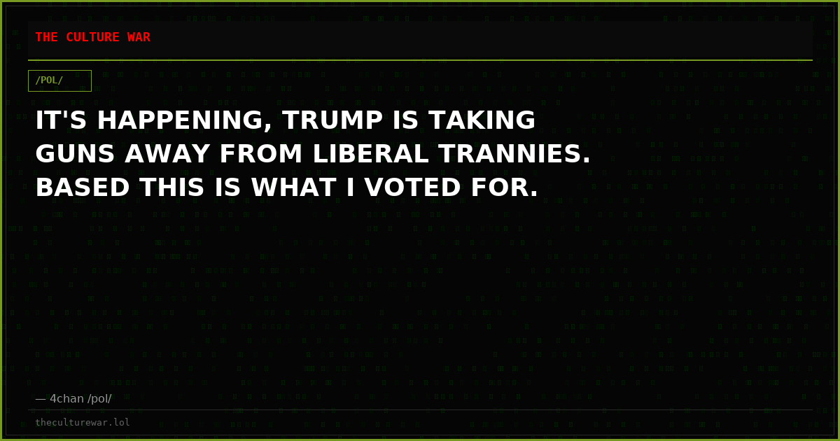 IT'S HAPPENING, TRUMP IS TAKING GUNS AWAY FROM LIBERAL TRANNIES. BASED THIS IS WHAT I VOTED FOR.