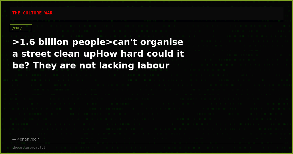 >1.6 billion people>can't organise a street clean upHow hard could it be? They are not lacking labour
