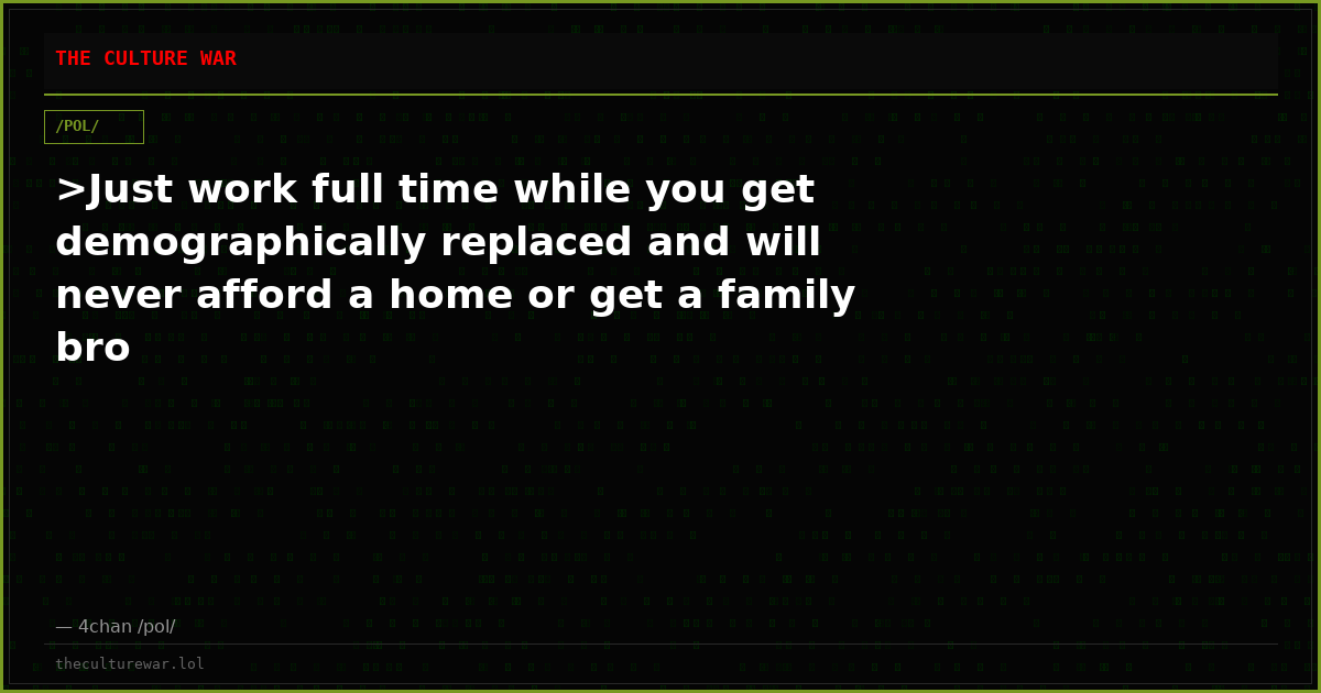 >Just work full time while you get demographically replaced and will never afford a home or get a family bro
