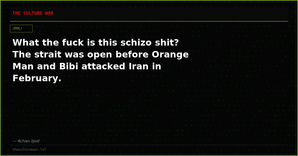 What the fuck is this schizo shit? The strait was open before Orange Man and Bibi attacked Iran in February.