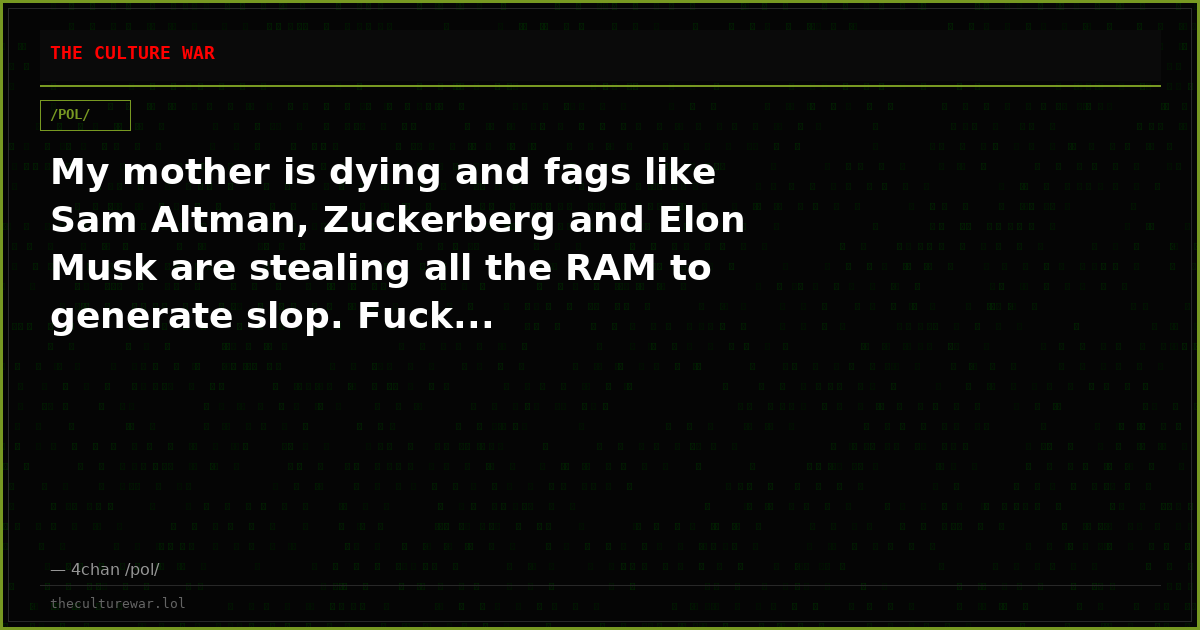 My mother is dying and fags like Sam Altman, Zuckerberg and Elon Musk are stealing all the RAM to generate slop. Fuck...
